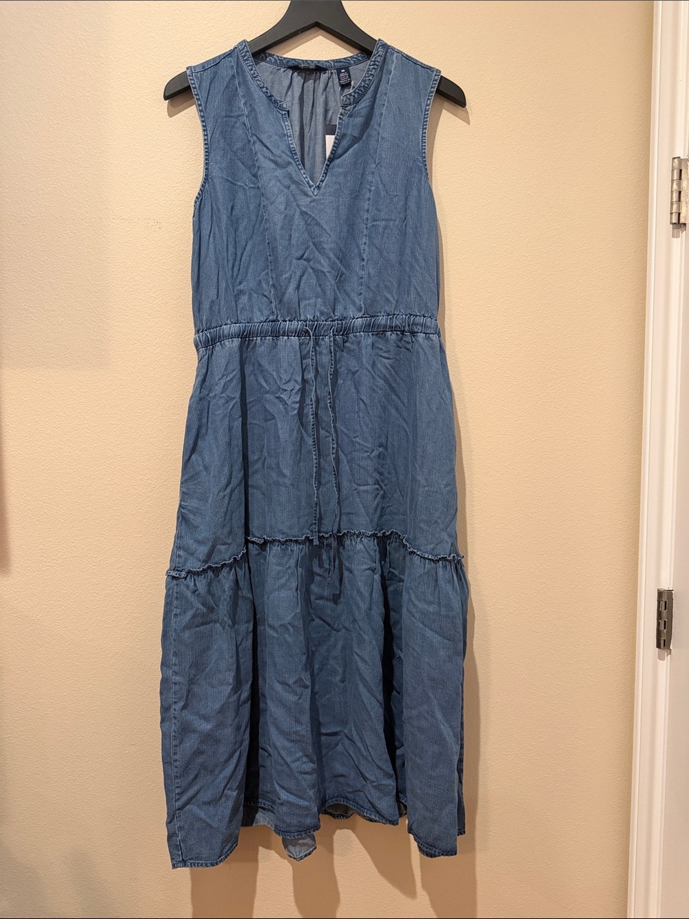 NWT Lands End Sleeveless Blue Denim-Style Tiered Maxi Dress